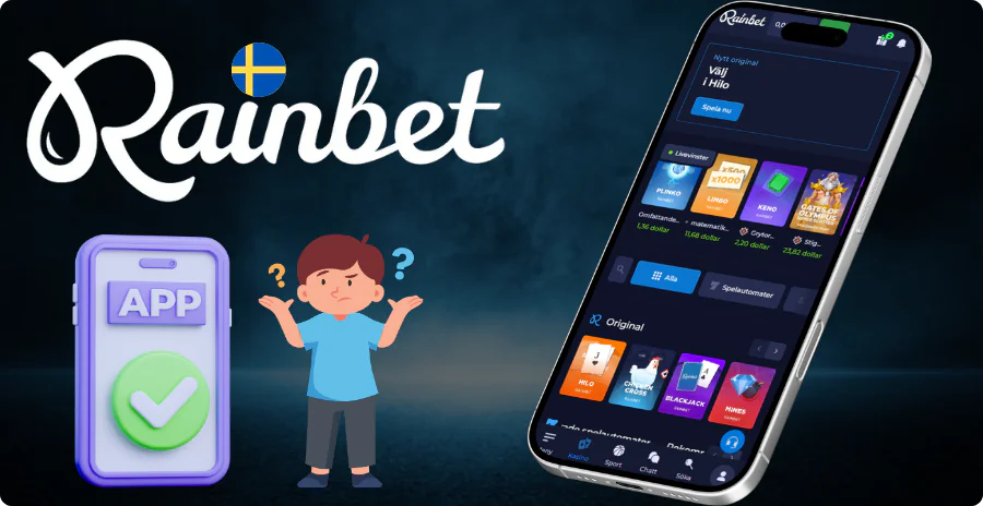 Rainbet mobilapp gränssnitt med casino och sportspel funktioner