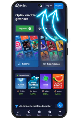 Rainbet app login og registreringsknapper på velkomstskærm
