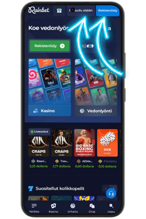 Rainbet sovellus kirjautumis- ja rekisteröintipainikkeet aloitusnäytöllä