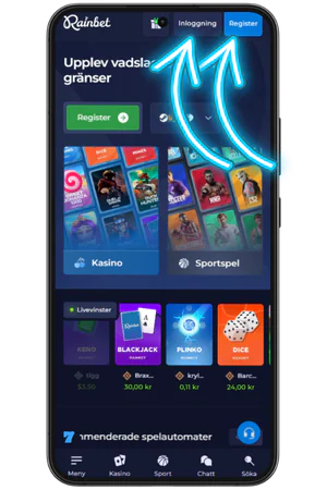 Rainbet app inloggning och registreringsknappar på välkomstskärm