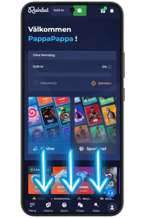 Rainbet officiella hemsida med Android nedladdningsknapp