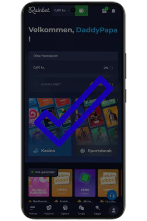 Vellykket login med adgang til Rainbet casino